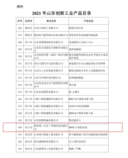 OG真人官方自主研发的MVR专用阻垢剂入选“2021年山东创新工业产品”